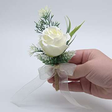 ETERNAL ANGEL Wedding Boutonnieres Ivory Rose Buttonholes Flowers White Artificial Groomsmen Boutonniere Accessories for Groom Men, Set of 6