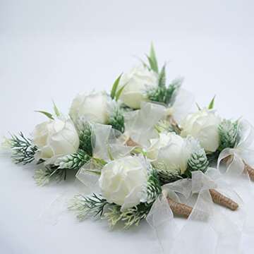 ETERNAL ANGEL Wedding Boutonnieres Ivory Rose Buttonholes Flowers White Artificial Groomsmen Boutonniere Accessories for Groom Men, Set of 6