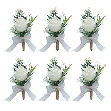 ETERNAL ANGEL Wedding Boutonnieres Ivory Rose Buttonholes Flowers White Artificial Groomsmen Boutonniere Accessories for Groom Men, Set of 6