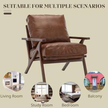 Wahson Brown Leather Accent Chair Mid Century Modern Chair, Retro Upholstered Armchair with Wood Frame and Removable PU Cushions, Large Compfy Leisure Slipper Chair for Living Room/Bedroom