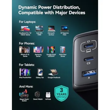 INIU USB C Charger, 3-Port 65W GaN Charger, Compact Foldable PD PPS USB C Wall Charger Block for MacBook Pro/Air, Dell XPS 13, iPad Pro, Samsung Galaxy S23, Note 20/10+, iPhone 16/15/14, Steam Deck