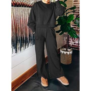 Mieazom Women’s Two Piece Outfits Sweatsuit Long Sleeve Crewneck Pullover Sweatshirt with Wide Leg Pants Lounge Set Black S