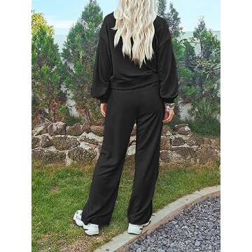 Mieazom Women’s Two Piece Outfits Sweatsuit Long Sleeve Crewneck Pullover Sweatshirt with Wide Leg Pants Lounge Set Black S