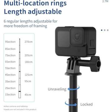 Long Selfie Stick Pole (106"), Extension Carbon Fiber Waterproof Dive Monopod for GoPro Max Go Pro 1...