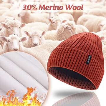 30% Merino Wool Beanie Hats for Men and Women, Thick Thermal Lined Winter Skull Caps