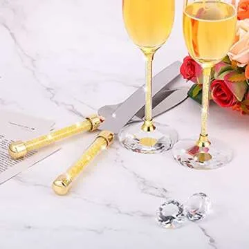 Boao 4 Piece Wedding Toasting Flutes and Cake Server Set Wedding Reception Supplies Champagne Glasses Cake Knife Pie Server (Gold Diamond, Simple)