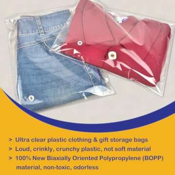 PigPotParty Clear Plastic T-Shirt Bags with Clothing Size Stickers, 10x13 Inches, 100 Pack, Cellophane Shirt Sleeves Packaging Bags for Small Business, Thick, Self-adhesive & Resealable