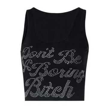 Avanova Women Graphic Sleeveless Crop Tops Ribbed Knit Top Scoop Neck Tank Casual T Shirts Letter Black X-Large