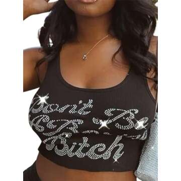 Avanova Women Graphic Sleeveless Crop Tops Ribbed Knit Top Scoop Neck Tank Casual T Shirts Letter Black X-Large