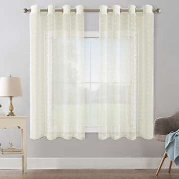 Cream White Curtains with Pom Poms White Sheer Curtains 63 Inch Length 2 Panels Textured Boho Curtains for Bedroom Living Room Window Treatments Drapes Tufts Shabby Chic Grommet Sheer Curtain 52x63