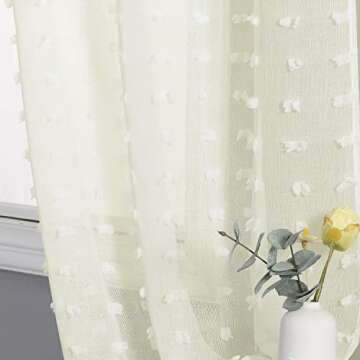 Cream White Curtains with Pom Poms White Sheer Curtains 63 Inch Length 2 Panels Textured Boho Curtains for Bedroom Living Room Window Treatments Drapes Tufts Shabby Chic Grommet Sheer Curtain 52x63