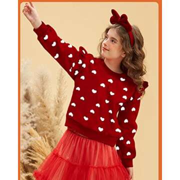 DDSOL Toddler Girls Red Sweatshirts Valentine Sweater Cotton Red and White Shirts Ruffle Long Sleeve...
