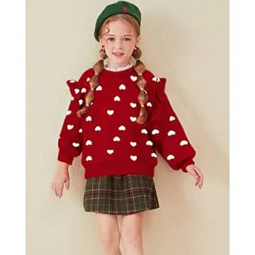 DDSOL Toddler Girls Red Sweatshirts Valentine Sweater Cotton Red and White Shirts Ruffle Long Sleeve Kids Girl Holi Clothes Winter White Heart Tops 5T