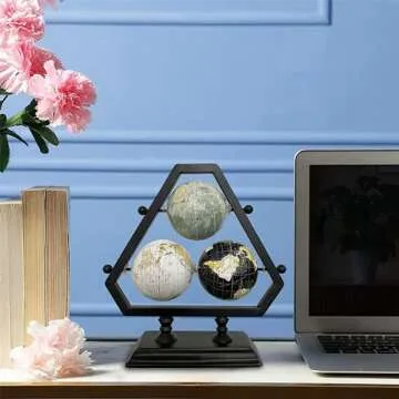 Rely+ Earth Globe for Desk & Office Decor 3-inch 3 Ball - Classy Desktop World Rotating Globe with Stand - Perfect for Bookshelf, and Table - Unique Men's Office Decor and Gifts - Blue-Black-Grey