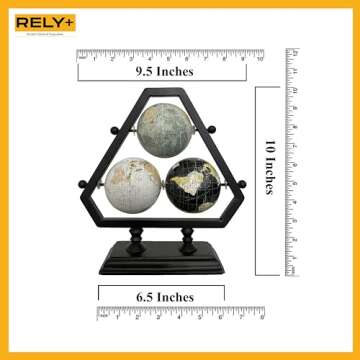Rely+ Earth Globe for Desk & Office Decor 3-inch 3 Ball - Classy Desktop World Rotating Globe with Stand - Perfect for Bookshelf, and Table - Unique Men's Office Decor and Gifts - Blue-Black-Grey