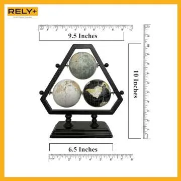 Rely+ Earth Globe for Desk & Office Decor 3-inch 3 Ball - Classy Desktop World Rotating Globe with Stand - Perfect for Bookshelf, and Table - Unique Men's Office Decor and Gifts - Blue-Black-Grey