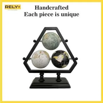 Rely+ Earth Globe for Desk & Office Decor 3-inch 3 Ball - Classy Desktop World Rotating Globe with Stand - Perfect for Bookshelf, and Table - Unique Men's Office Decor and Gifts - Blue-Black-Grey