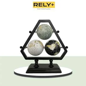 Rely+ Earth Globe for Desk & Office Decor 3-inch 3 Ball - Classy Desktop World Rotating Globe with Stand - Perfect for Bookshelf, and Table - Unique Men's Office Decor and Gifts - Blue-Black-Grey