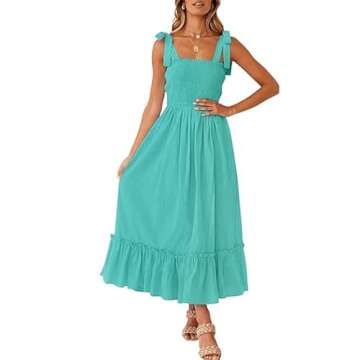 moolBeko Women's Summer Beach Self Tie Straps Square Neck Flowy Gown Maxi Dress Boho Smocked Dress R...