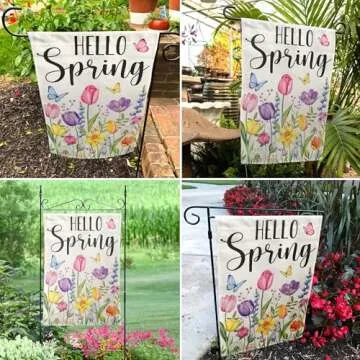 Tulip Hello Spring Garden Flag 12x18 Inch Double-Sided, Outdoor Floral Spring Decorations for Home & Porch & Yard, Small Burlap April Garden Flag for Outside, Farmhouse Welcome Flower Decor for Easter