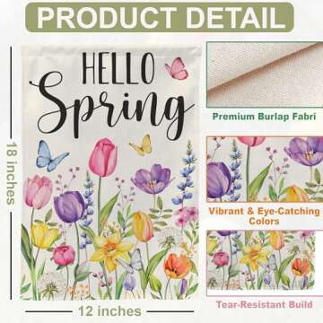 Tulip Hello Spring Garden Flag 12x18 Inch Double-Sided, Outdoor Floral Spring Decorations for Home & Porch & Yard, Small Burlap April Garden Flag for Outside, Farmhouse Welcome Flower Decor for Easter