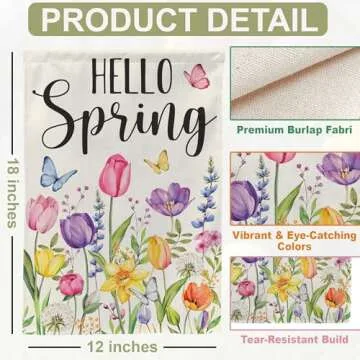 Tulip Hello Spring Garden Flag 12x18 Inch Double-Sided, Outdoor Floral Spring Decorations for Home & Porch & Yard, Small Burlap April Garden Flag for Outside, Farmhouse Welcome Flower Decor for Easter