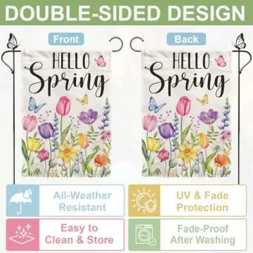 Tulip Hello Spring Garden Flag 12x18 Inch Double-Sided, Outdoor Floral Spring Decorations for Home & Porch & Yard, Small Burlap April Garden Flag for Outside, Farmhouse Welcome Flower Decor for Easter