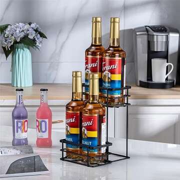 Coffee Syrup Organizer Rack, (4 Bottle Capacity),2 Tier Coffee Syrup holder for Coffee Bar Accessories,Kitchen,Storage for Syrup, Wine, Dressing（Black）