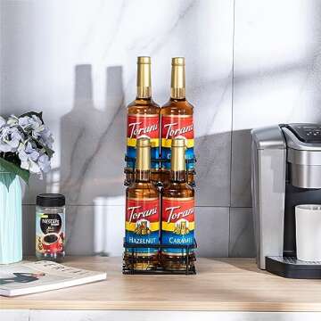 Coffee Syrup Organizer Rack, (4 Bottle Capacity),2 Tier Coffee Syrup holder for Coffee Bar Accessories,Kitchen,Storage for Syrup, Wine, Dressing（Black）