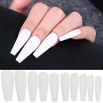 AddFavor 100pcs Coffin Fake Nails Full Cover Long Press on Nails Pure Color Matte Acrylic False Nail Tips for Women and Girls (White)