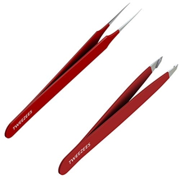 Tweezees Precision Red Stainless Steel Tweezers | Professional Slant Tip & Splinter Tip Tweezer | Ex...