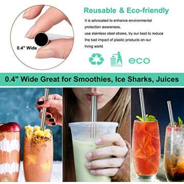 Vinaco Stainless Steel Smoothie Straws, 0.4'' Extra Wide Reusable Metal Drinking Straws for Milkshake, Smoothie, Beverage, Set of 6 with 1 Cleaning Brush (3pcs 10.5'' Bent |3pcs 8.5'' Straight)