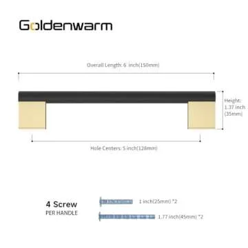 goldenwarm 10 Pack 5 Inch Hole Center Black and Gold Cabinet Handles Drawer Pulls Knurled Kitchen Ca...