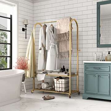 MaiRHK Gold Clothing Rack on Wheels Modern Display Rack with 2-tier Shelf Metal Hanging Rack Gold Clothes Rack for Boutique, Retail or Home (gold)