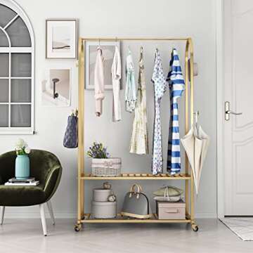 MaiRHK Gold Clothing Rack on Wheels Modern Display Rack with 2-tier Shelf Metal Hanging Rack Gold Clothes Rack for Boutique, Retail or Home (gold)