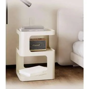 XIV Side Table, Small End Table, Modern Nightstand, Accent Bedside Table, 3 Tier Night Stands, Metal Bed Side Table for Living Room Bedroom Outdoor Entryway, No Assembly Required (Off White, Square)