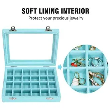 Vicoter Velvet Jewelry Box 24 Grid Jewelry Ring Display Organiser Box Tray Holder Earrings Storage Case for Girls Wife Mom Women (Light Blue)