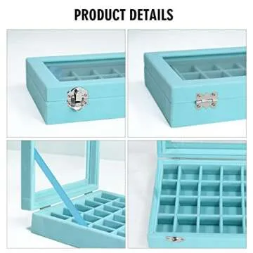 Vicoter Velvet Jewelry Box 24 Grid Jewelry Ring Display Organiser Box Tray Holder Earrings Storage Case for Girls Wife Mom Women (Light Blue)