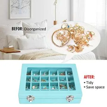 Vicoter Velvet Jewelry Box 24 Grid Jewelry Ring Display Organiser Box Tray Holder Earrings Storage Case for Girls Wife Mom Women (Light Blue)