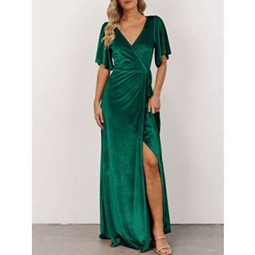 MEROKEETY Women's V Neck Velvet Formal Dress Ruffle Sleeve Tie Waist Slit Elegant Long Dresses 2024, Green, Small