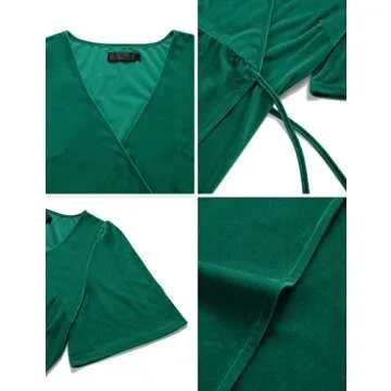 MEROKEETY Women's V Neck Velvet Formal Dress Ruffle Sleeve Tie Waist Slit Elegant Long Dresses 2024, Green, Small