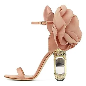 FSJ Women Flower Crystal Chunky Block High Heel Ankle Strap Sandals Open Toe Fashion Dress Evening Party Shoes Size 8 Nude