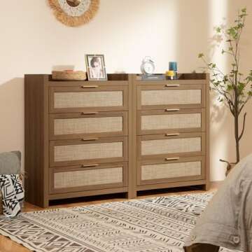 SICOTAS Dresser for Bedroom Chest of Drawers Tall Dresser with 4 Rattan Drawers Wood Dresser for Clo...