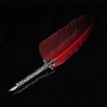 Eboxer 2 Colors Calligraphy Pen Set Vintage Quill Pen with Refined Plated Rod, Pen for Writing Signature, As a People Holiday/Party/Wedding/Home Decoration (Red)