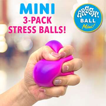 Power Your Fun Arggh Mini Stress Balls for Adults and Kids - 3pk Squishy Stress Balls with Light, Medium, Heavy Resistances, Fidget Toy Sensory Stress Relief Squeeze Toys (Yellow, Pink, Blue)