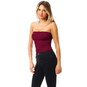 MixMatchy Women's Solid Casual Summer Side Shirring Scrunched Double Layered Tube Top 3PACK - Black/Wite/Burgundy L