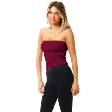 MixMatchy Women's Solid Casual Summer Side Shirring Scrunched Double Layered Tube Top 3PACK - Black/Wite/Burgundy L