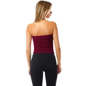 MixMatchy Women's Solid Casual Summer Side Shirring Scrunched Double Layered Tube Top 3PACK - Black/Wite/Burgundy L