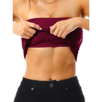 MixMatchy Women's Solid Casual Summer Side Shirring Scrunched Double Layered Tube Top 3PACK - Black/Wite/Burgundy L