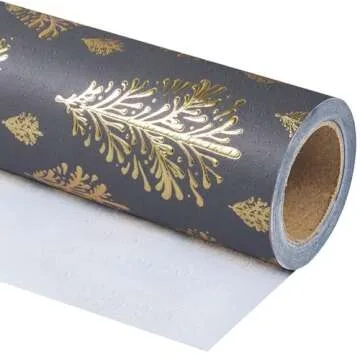 WRAPAHOLIC 3D Kraft Christmas Wrapping Paper Roll - Mini Roll - 17 Inch x 16.5 Feet - Gold and Dark Grey Christmas Tree Design with Embossed Perfect for Holiday, Party Celebration